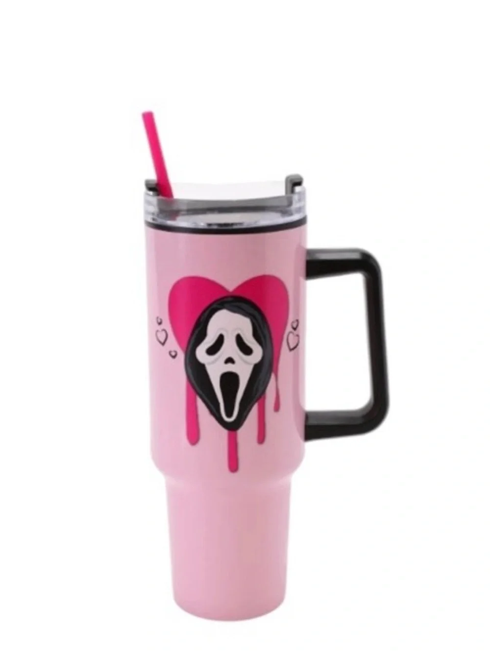Pink Dripping Heart Travel Tumbler with Scream Mask Graphic - 40oz